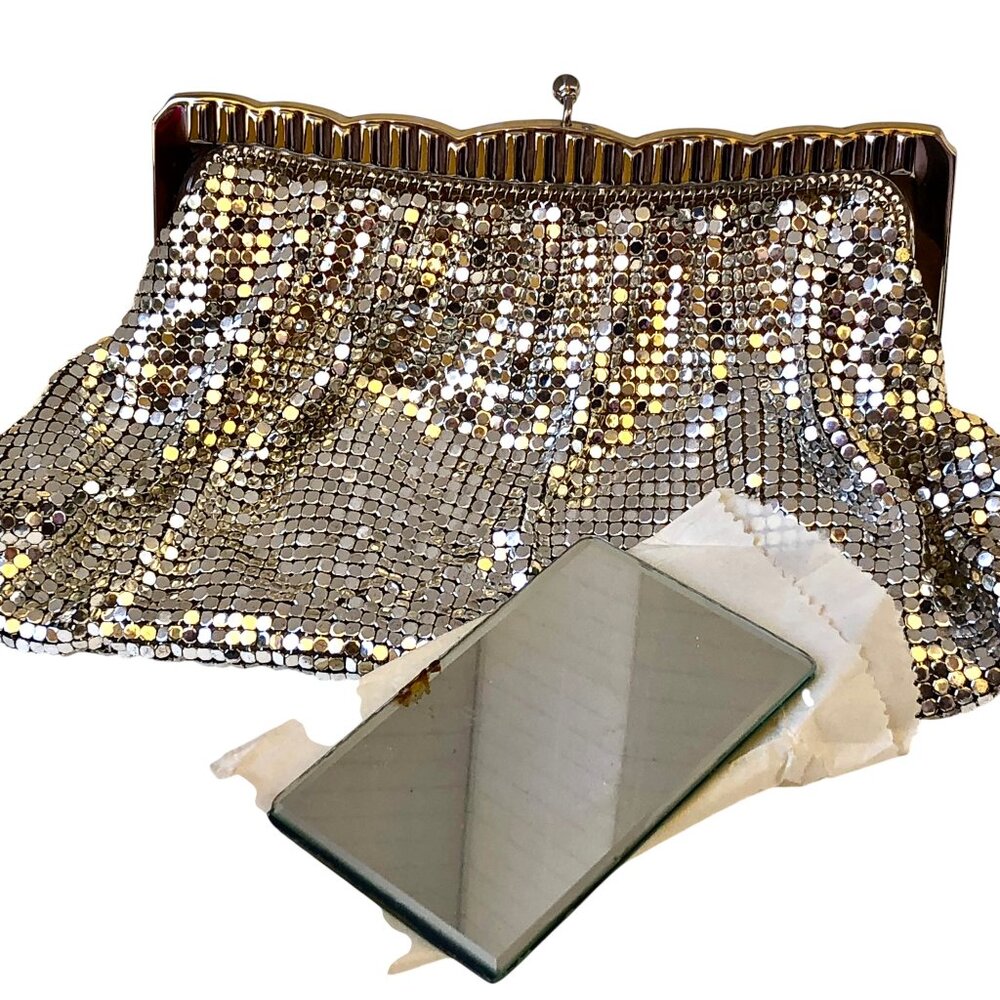 Whiting & Davis Vintage US Silver Mesh Clutch Handbag Hinged Original Mirror - Picture 6 of 13